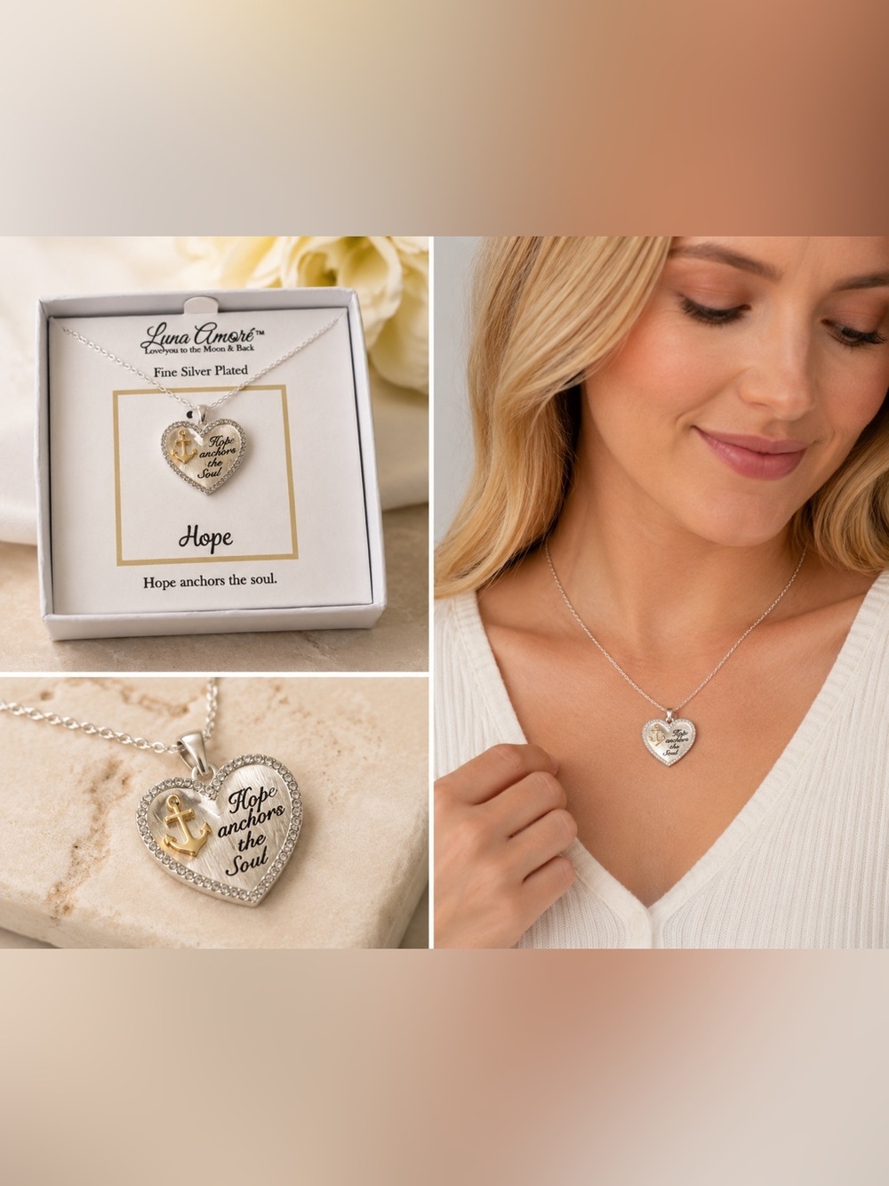 Luna Amore Hope Anchors The Soul Heart Necklace Silver Plated Anchor Pendant